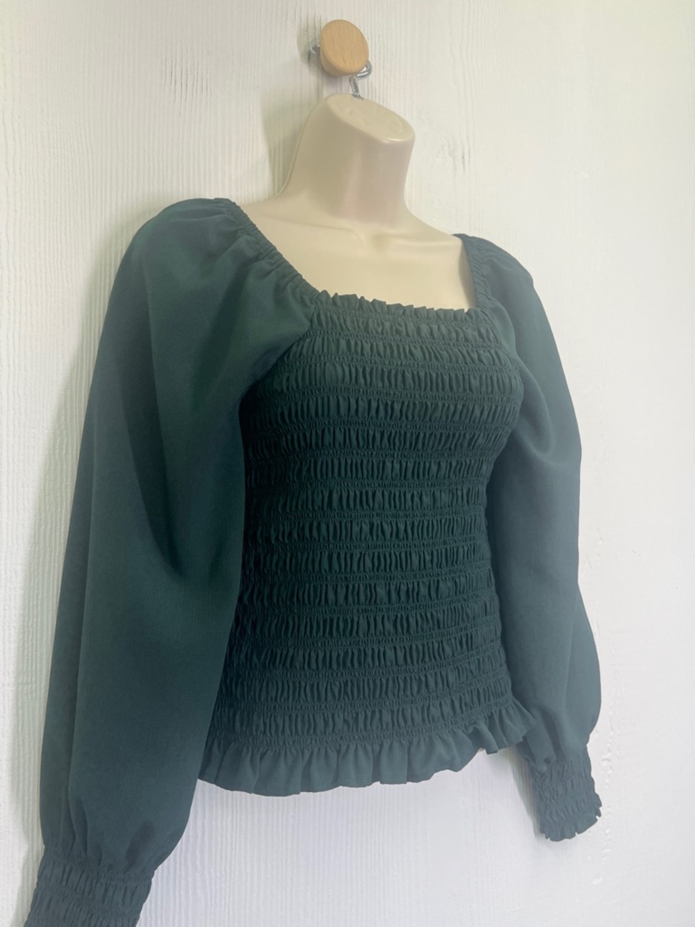 Madewell - Lucie Smocked Bubble Long Sleeve Hunter Green Blouse Size XXS - Picture 4 of 9